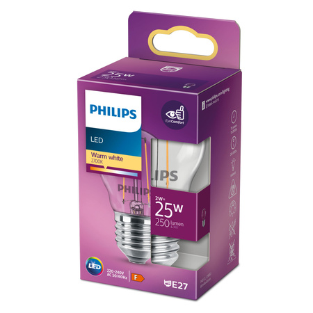 LED žárovka E27 P45 2W = 25W 250lm 2700K Teplá bílá vlákno PHILIPS