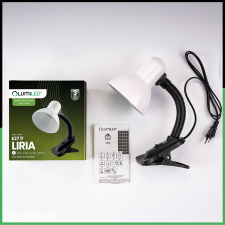 Stolní lampa Školní Noční E27, Nastavitelná s klipem Bílá LIBRA LUMILED