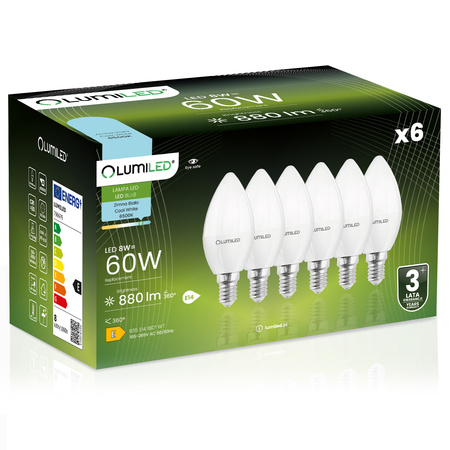 6x LED E14 CANDLE 8W = 60W 6500K studená bílá CCD LUMILED žárovka