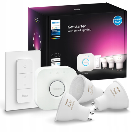 3x LED GU10 4,2W CCT RGB PHILIPS HUE White & COLOR Ambiance Bluetooth Zigbee žárovka + Hue Bridge + stmívač