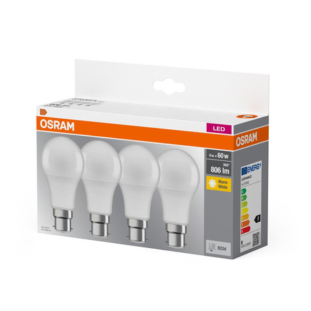 4x LED žárovka A60 B22d 8W = 60W 806lm 2700K Warm 150° BASE Osram