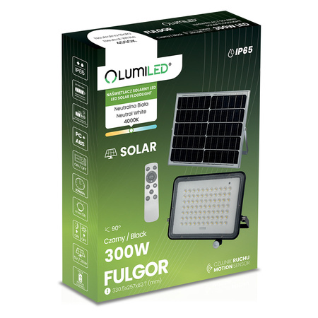 Solární halogenový reflektor LED 300W Zahradní lampa 4000K IP65 PIR senzor pohybu + dálkové ovládání FULGOR LUMILED