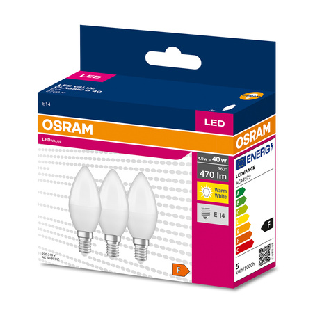 3PAK LED žárovka E14 B35 4,9W = 40W 470lm 2700K teplá OSRAM Value