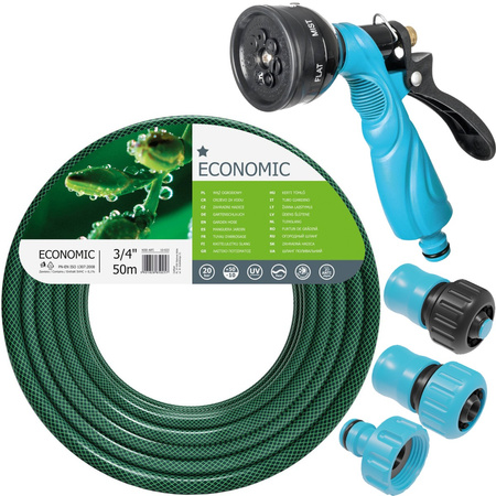 Sada zahradní hadice na vodu 3/4" 50 m, pistolový postřikovač, závitová přípojka, rychloupínací zarážka, rychloupínací 3/4" průchodka CELLFAST