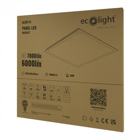 LED panel 60x60 Panel pro zapuštěnou montáž 60W 5100lm 3000K Teplá bílá podsvícený Ecolight