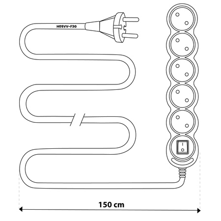 Síťový prodlužovací kabel uzemněný napájecí pásek 5 zásuvek 1,5 m vypínač bílý kabel Lendo Lumiled