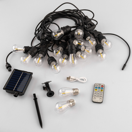 Solární zahradní girlanda 15x LED Dekorativní žárovky 10m + Dálkové ovládání IP65 2700K Teplá SOLLIS LUMILED