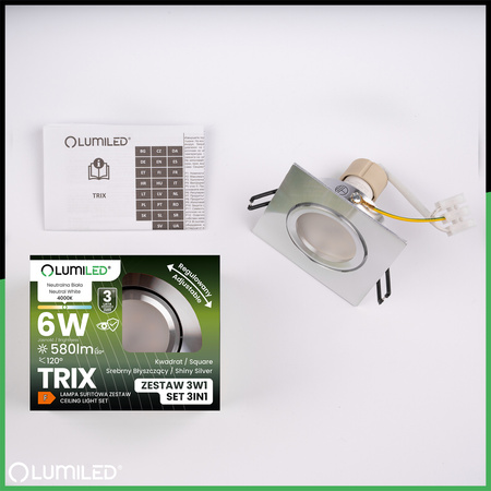 TRIX 3v1 GU10 6W 4000K Stříbrné lesklé LUMILED čtvercové halogenové svítidlo pro zapuštěnou montáž