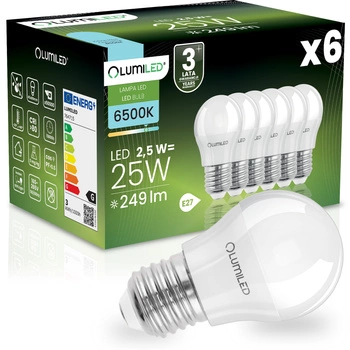 6x Žárovka LED E27, P40 2.5W = 25W 249lm 6500K Studená bílá 180° LUMILED