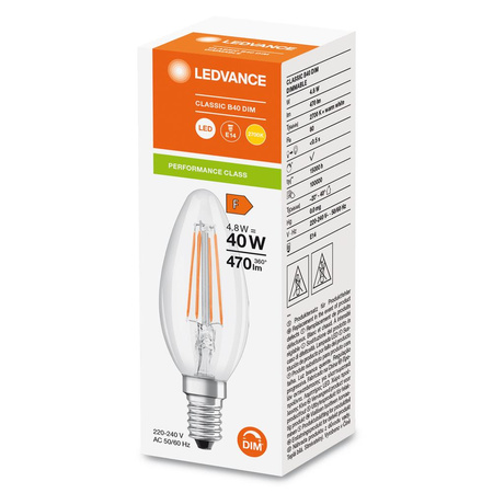 LED žárovka E14 B35 4,8W = 40W 470lm 2700K teplá bílá 300° Dimmable Ledvance