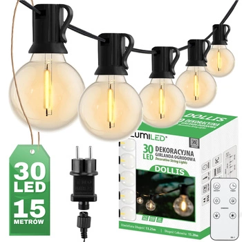 Venkovní řetěz 15.2m, 30x LED Ozdobné Kuličky 3000K + Dálkové ovládání DOLLIS LUMILED