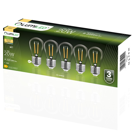 5x Žárovka LED E27, vlákna pro garland ST14 2W = 20W 3000K 220lm Teplá bílá LUMILED