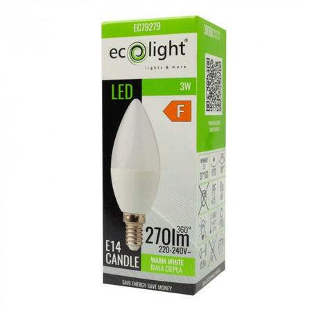 LED žárovka svíčka B37 E14 3W 270lm 3000K teplá bílá Ecolight