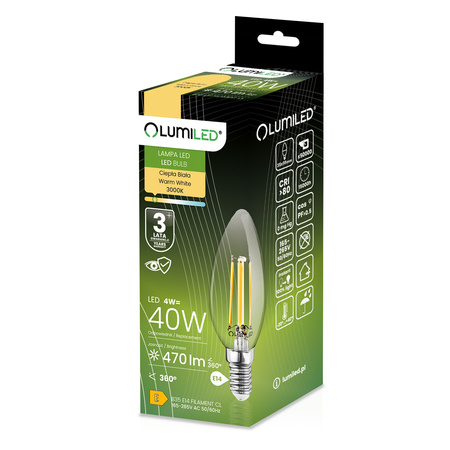 LED žárovka E14 B35 4W = 40W 470lm 3000K teplá bílá 360° Filament LUMILED