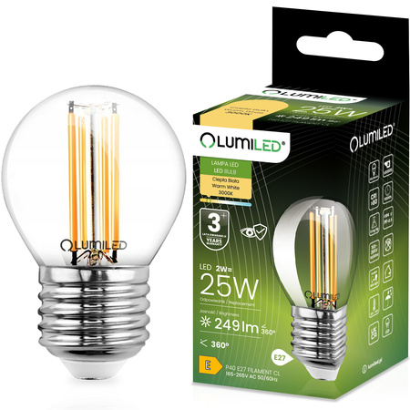 LED žárovka E27 P40 Filament 2W = 25W 249lm 3000K Warm 360° LUMILED