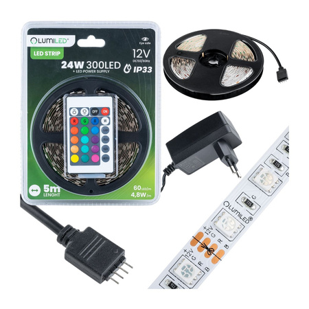 LED pásek 12V, 24W 300LED SMD 5050 RGB 8mm 5m + napáječ + ovladač LUMILED