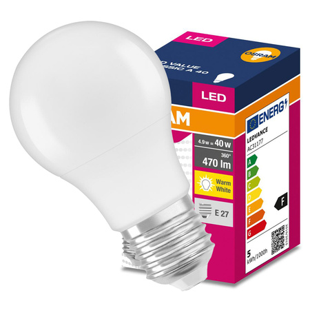 LED žárovka E27 A60 4,9W = 40W 470lm 3000K Warm 200° OSRAM 