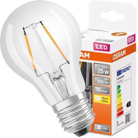 LED žárovka E27 A60 CL 3W = 25W 250lm 2700K Teplá bílá 300° vlákno OSRAM STAR