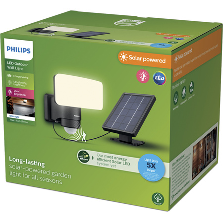 Solární LED reflektor 6W 1000lm 3000K IP44 se senzorem pohybu a soumraku černý Tylus Ultra Efficient Philips