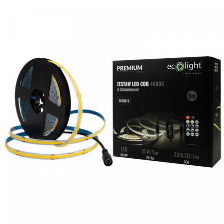 LED pásek COB 7W/m 630lm/m 320LED/m 24V 4000K neutrální bílá IP20 naviják 5m + napájecí zdroj + dálkové ovládání Ecolight