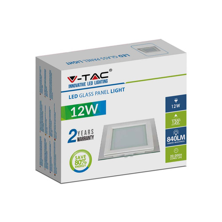 Zapuštěný LED panel 12W 6000K Skleněný čtvercový FLICKER FREE VT-1202G V-TAC