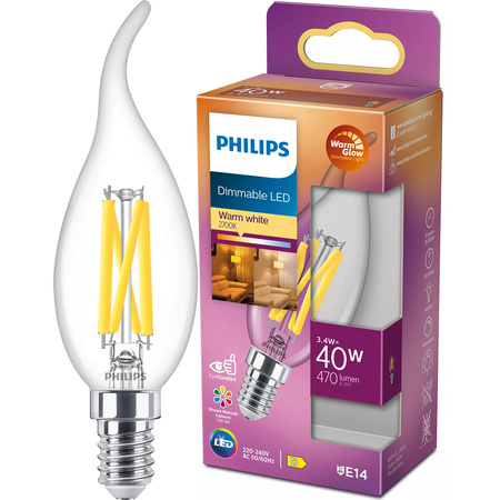 Žárovka LED Flame E14 BA35 3.4W = 40W 470lm 2700 Teplá bílá vlákno PHILIPS Stmívatelné