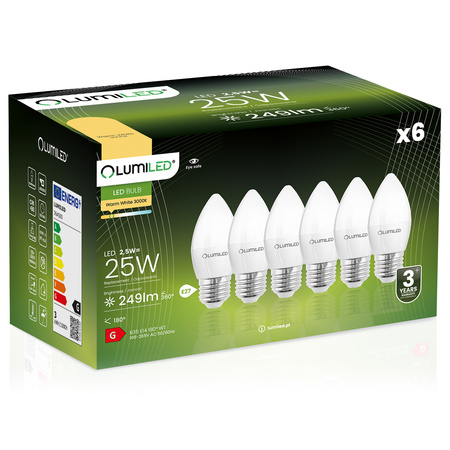 6x LED žárovka E27 B35 2.5W = 25W 249lm 3000K Teplá bílá 180° LUMILED