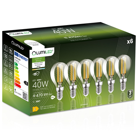 6x LED žárovka E14 Ball P45 4W = 40W 470lm 4000K Neutral 360° FILAMENT LUMILED