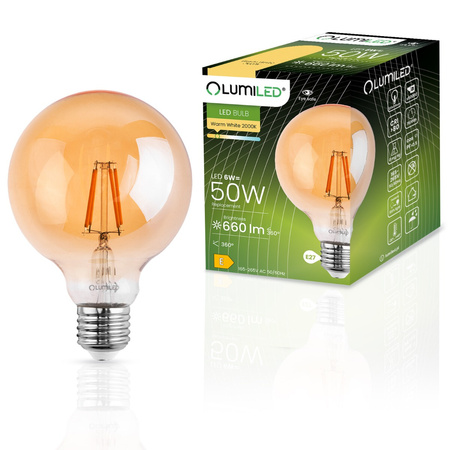 3x Dekorativní Kulatá Žárovka LED E27, G95 6W = 50W 660lm 2000K Teplá bílá 360° Filament Globe Amber LUMILED