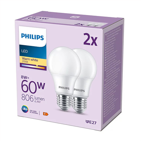 2x LED žárovka E27 A60 8W = 60W 806lm 2700K teplá bílá 150° PHILIPS