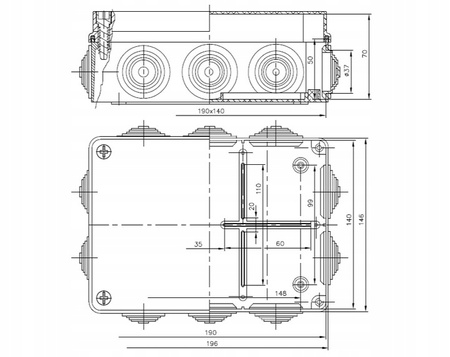Hermetická instalační krabice pro povrchovou montáž S-BOX 406 190x140x70 IP65 10 tlumivek PAWBOL
