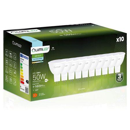 10x LED žárovka GU5.3 MR16 6W = 50W 580lm 6500K Studená bílá 120° 230V LUMILED