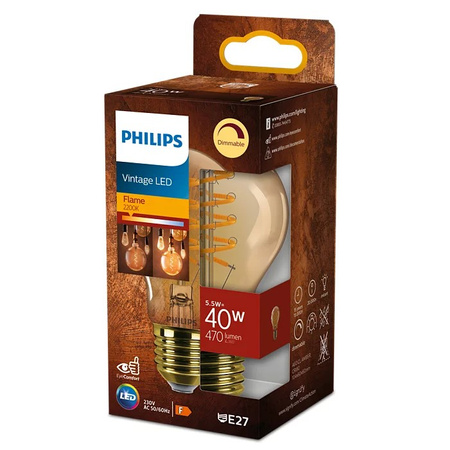 LED žárovka E27 A60 5.5W = 40W 470lm 2200K Teplá bílá vlákno jantarové PHILIPS Stmívatelné