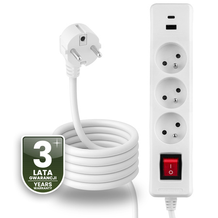 Síťový prodlužovací kabel Uzemněný napájecí pásek 3 zásuvky 3m Vypínač bílý USB + USB-C kabel ELGER Lumiled