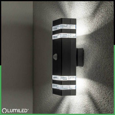 Zahradní nástěnné svítidlo shora dolů 2xGU10 Black Senzor pohybu a soumraku IP54 PROTEA LUMILED