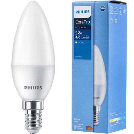LED žárovka E14 5W = 40W 470lm 4000K Neutrální bila PHILIPS CANDLE