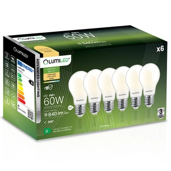 6x LED žárovka E27 A60 4W = 60W 840lm 3000K Warm 360° FILAMENT LUMILED