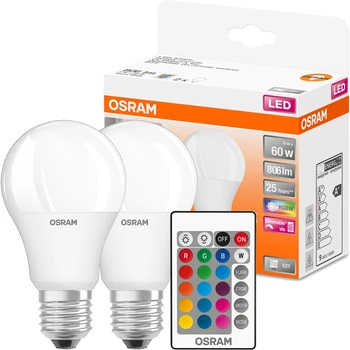 2x LED žárovka A60 E27 9W = 60W 806lm RGBW 180° OSRAM Star + dálkový ovladač