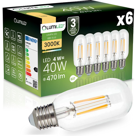 6x LED žárovka E27 T45 FILAMENT 4W = 40W 470LM 3000K teplá bílá 360° Decorative LUMILED