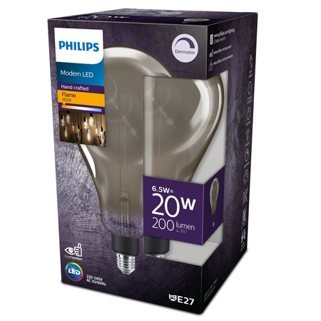 LED žárovka E27 A160 6.5W = 20W 200lm 1800K Teplá bílá vlákno kouřové PHILIPS Stmívatelné