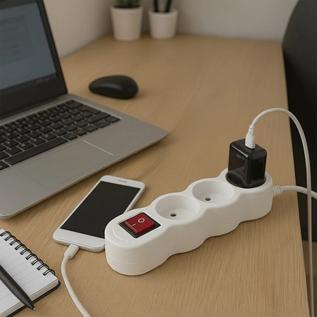 Síťový prodlužovací kabel s uzemněním 3 zásuvky 5 m vypínač bílý kabel Lendo Lumiled