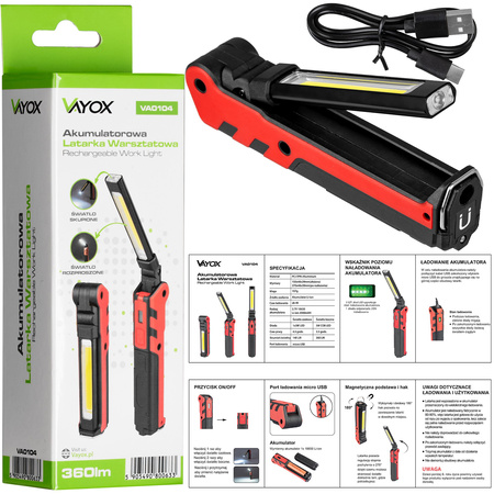 Dobíjecí dílenská svítilna skládací magnet COB + LED 140lm + 360lm VA0104 Vayox