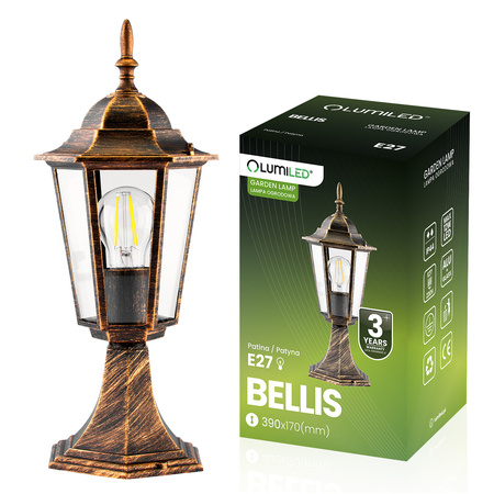 Venkovní zahradní lampa E27, LED nízký sloupek, lucerna, 40cm, Patina, BELLIS LUMILED