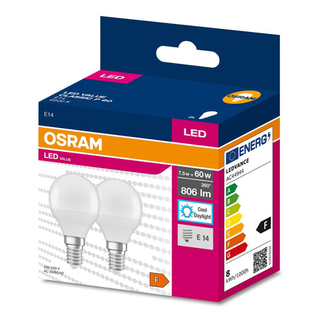 2x LED žárovka E14 P45 7W = 60W 806lm 6500K Studená bílá 200° OSRAM HODNOTA