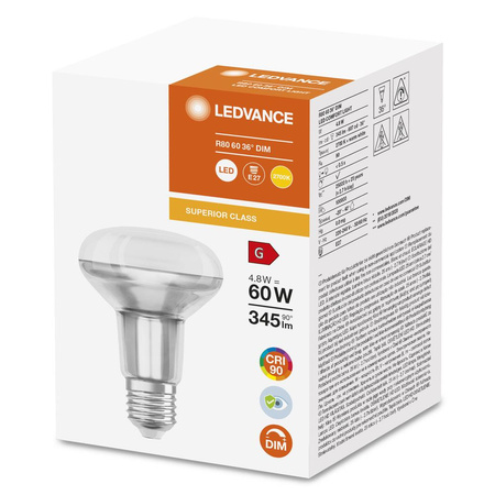 LED reflektorová žárovka E27 R80 4,8W = 60W 345lm 2700K teplá bílá 36° CRI90 Stmívatelná Ledvance
