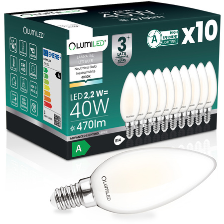 10x LED žárovka E14 svíčka B35 2,2W 470lm = 40W 4000K neutrální bílá 360° vlákno energetická třída A SVÍTÍCÍ