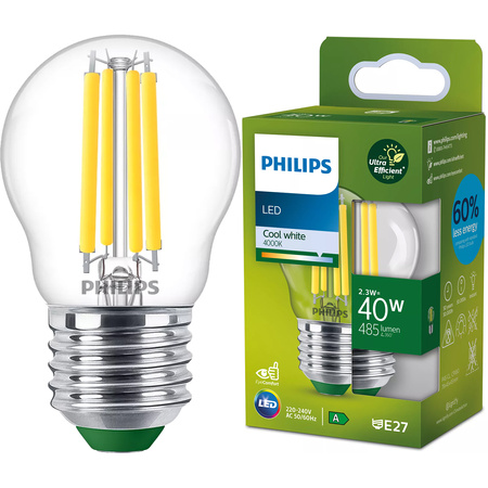 LED kulová žárovka E27 P45 2.3W = 40W 485lm 4000K Neutrální bila vlákno PHILIPS Ultra Efficient