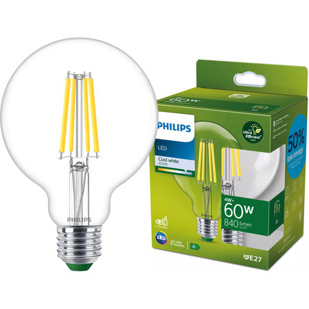 Globe LED žárovka E27 G95 4W = 60W 840lm 4000K Neutrální bila vlákno PHILIPS Ultra Efficient