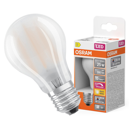 LED žárovka A60 E27 2,2W = 25W 300lm 2700K teplá bílá CRI90 300° stmívatelná vlákno SUPERSTAR PLUS CLASSIC Osram