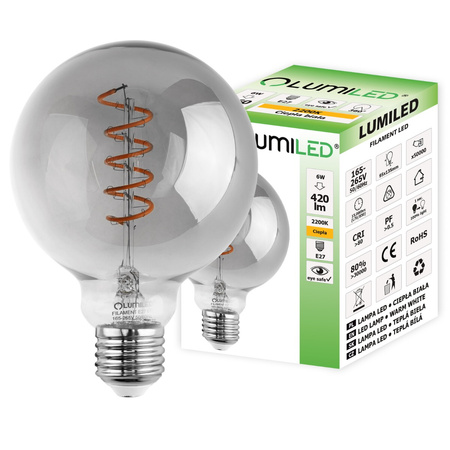 3x Dekorativní Kulatá Žárovka LED E27, G95 6W = 50W 420lm 2200K Teplá bílá 360° Filament Globe Smokey LUMILED